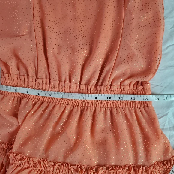MISA LOS ANGELES small (S) coral peach gold foild confetti ruffles mini dress - Picture 15 of 16